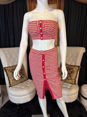 Rehab Red Gingham Set Padded Bandeau Top M Pencil Skirt S Pin Up 50s Picnic Y2K